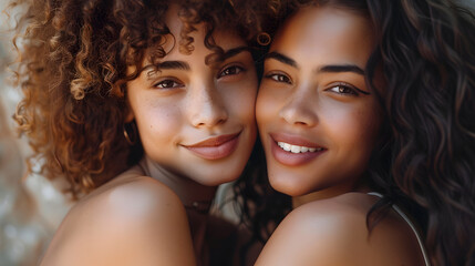 Portrait of happy biracial sisters looking at camera and embracing