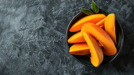 Wall Mural - Freshly sliced mangoes in bowl on textured surface
