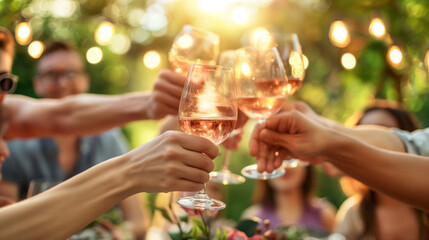 Friends gather around a garden table, clinking rose wine glasses in an outdoor festive atmosphere