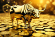 © Designpro - Bright shiny pure golden bison statue on gold coins, yellow metallic bull with precious metal currency represent stock market, economy, finance