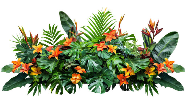 Colorful Tropical Floral Arrangement with Green Leaves, Ideal for Decorative Design and Event Backdrops, Isolated on Transparent Background