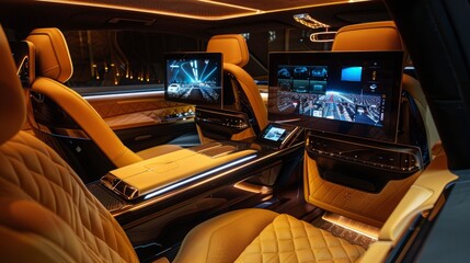 Poster - The interior of a luxury car featuring two monitors for enhanced entertainment and navigation.