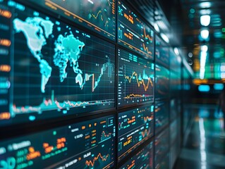 Poster - Global Finance and Market Exchange Data Displayed on Screens in a Brokerage Firm Globalization Impacts Concept
