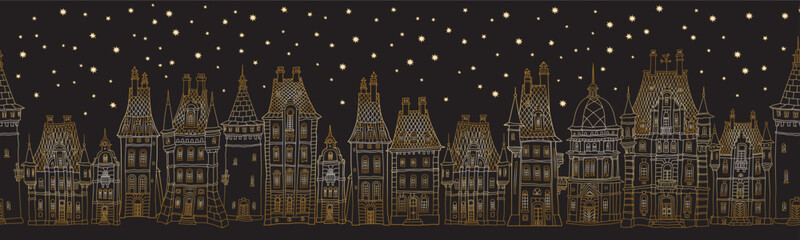 Wall Mural - Christmas and New Year seamless border pattern. Fairy tale European castles and houses panorama. Hand drawn gold and black sketch