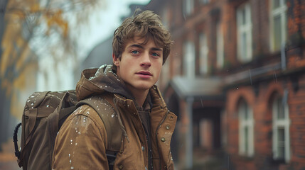 Wall Mural - A young man standing in front of a building