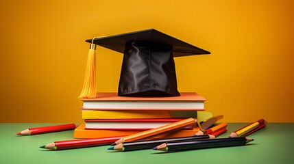 Image shows a graduation cap on a stack of books with pencils ne