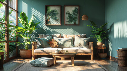 Wall Mural - Living room with a contemporary design, featuring a wooden floor, stylish furniture, and green plants