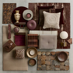 Wall Mural - a mood board for an interior design with brown and burgundy accents