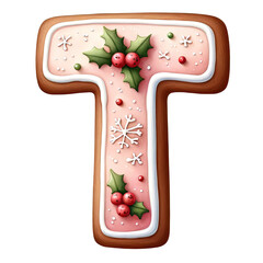 Wall Mural - Christmas themed uppercase letter T with pink gingerbread cookie with decorations isolated on transparent background, alphabet clipart