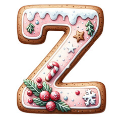 Wall Mural - Christmas themed uppercase letter Z with pink gingerbread cookie with decorations isolated on transparent background, alphabet clipart