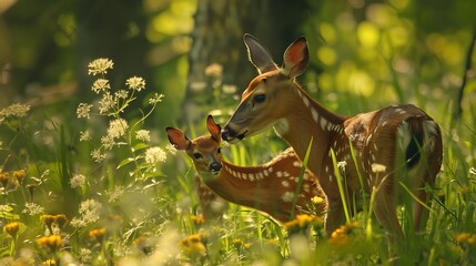 Wall Mural - Close-up of a doe and her fawn grazing peacefully in a lush meadow, the tender bond between mother and offspring evident in their gentle interactions and shared moments of tranquility.