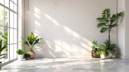 Wall Mural - Minimalist interior design featuring a blank white wall, green plants, and stylish decor