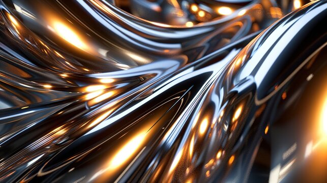 Abstract 3D rendering of a metallic surface with multiple curved shapes and shiny 