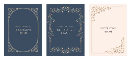 Wall Mural - Set of cards with frame. Classic floral pattern. Template for invitations, certificates.