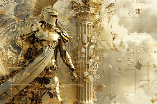 Bathed in an ethereal light, a warrior from ancient Greece, adorned in futuristic armor, explores a bewildering alien city of towering structures and intricate circuitry.