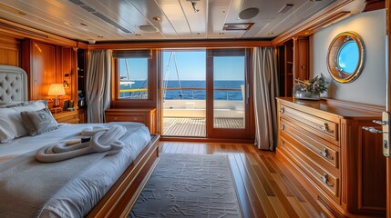 bedroom with a luxury yacht theme, including nautical decor, sleek wood finishes, and a compact but elegant layout