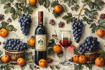 
pattern of [wine bottle+wine glass+grape+grape tree+wooden barrell], cozy color paltette --ar 3:2 --stylize 750