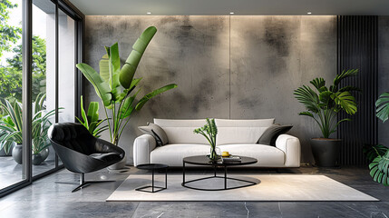 Wall Mural - Modern interior design of a living room with a stylish sofa, black chair, and wooden table