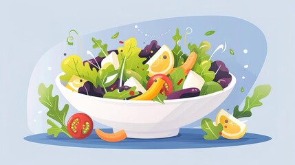 Close-up of a salad bowl with mixed greens and veggies, rich colors, bright daylight, fresh and crisp. isolated on soft plain pastel solid background