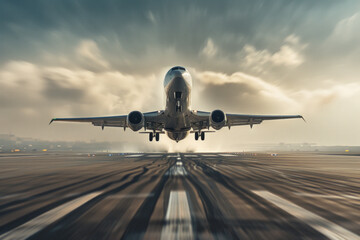 Wall Mural - A jet plane taking off from a runway, captured from the ground level with the plane in sharp focus and the surrounding environment blurred to highlight the rapid ascent.