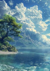 Poster - fantasy landscape with a giant tree on a lake