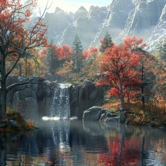 Poster - Tranquil Mountain Waterfall Amidst Autumn Foliage