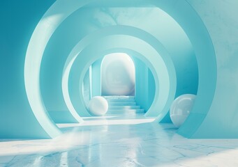 Canvas Print - 3D rendering of a blue and white futuristic hallway