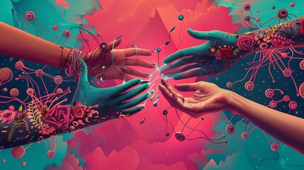 Wall Mural - A conceptual photo shows two hands reaching towards each other, with digital connections forming between them against a background showing an abstract representation of the web