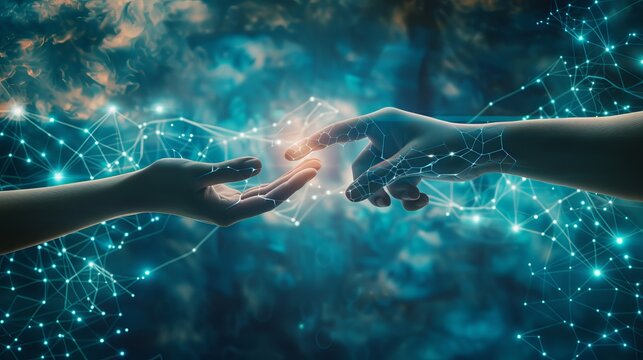 A conceptual photo shows two hands reaching towards each other, with digital connections forming between them against a background showing an abstract representation of the web