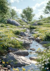 Wall Mural - Small river flowing through a green field