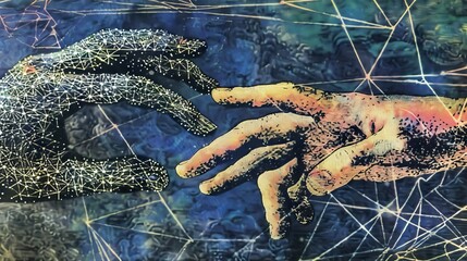 Wall Mural - A conceptual photo shows two hands reaching towards each other, with digital connections forming between them against a background showing an abstract representation of the web