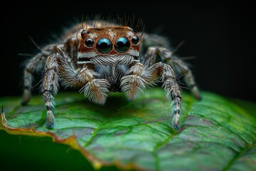 Wall Mural - huge spider with vibrant blue eyes on a leaf, ai-generated.