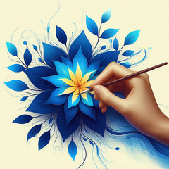 Poster - A painting of a hand grasping a vibrant blue flower, showcasing delicate details and intricate brushwork