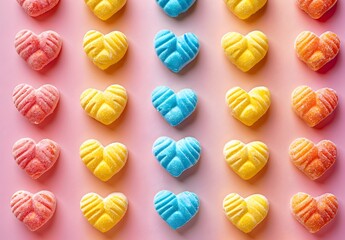 Poster - Colorful heartshaped candies arranged in a pattern on pastel background
