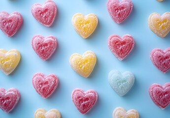Poster - Colorful heartshaped candies arranged in a pattern on pastel background
