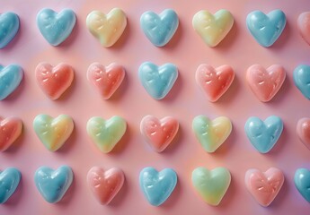 Poster - Colorful heartshaped candies arranged in a pattern on pastel background
