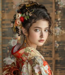 Portrait of a young woman in a kimono with flowers in her hair