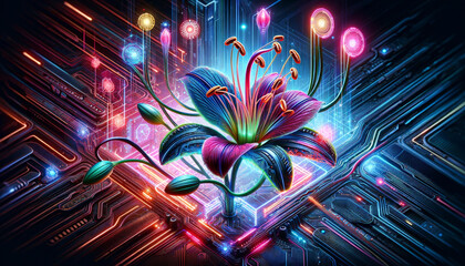 Poster - A colorful, neon flower in full bloom surrounded by glowing lights and futuristic digital circuitry
