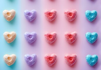 Poster - Colorful heartshaped candies arranged in a pattern on pastel background
