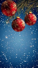 Wall Mural - three red christmas balls hanging from a pine tree branch on a blue background with falling snow