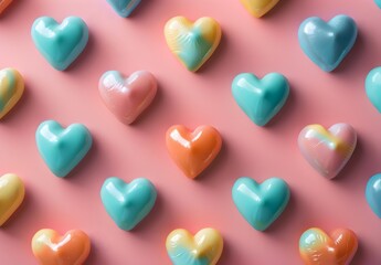 Poster - Colorful heartshaped candies arranged in a pattern on pastel background
