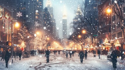 Snowy Urban Landscape: Depict a bustling cityscape covered in snow, with people walking, holiday decorations, and twinkling lights, emphasizing the beauty of winter in the city.