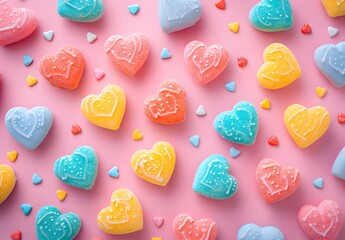 Poster - Colorful heartshaped candies arranged in a pattern on pastel background
