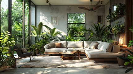 Wall Mural - Modern living room with green plants and stylish furniture, blank white wall, and wooden floor