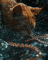 A red-haired cat plays with water to hunt