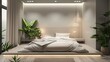 © Aeman - minimalist bedroom with a floating bed design, recessed lighting, and a neutral palette, enhanced by vibrant green plants for a natural touch