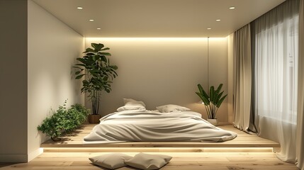 Wall Mural - minimalist bedroom with a floating bed design, recessed lighting, and a neutral palette, enhanced by vibrant green plants for a natural touch