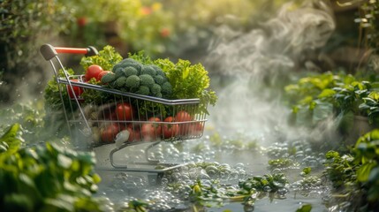 Poster - An artistic depiction of a digital shopping cart packed with an array of fresh produce and food essentials, set against