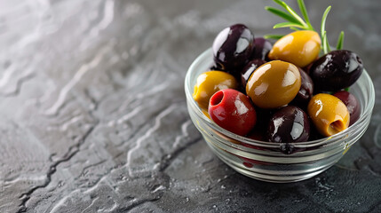 Wall Mural - Assorted organic olives in a small glass bowl