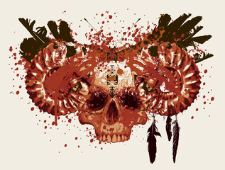 Vector illustration with human skull with ram horns and crow feathers, blood spots in grunge style. The symbol of Satanism and magic runes written in a circle